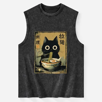 Tokyo-Tiger Cute Black Cat Eating Ramen Japan Washed Tank