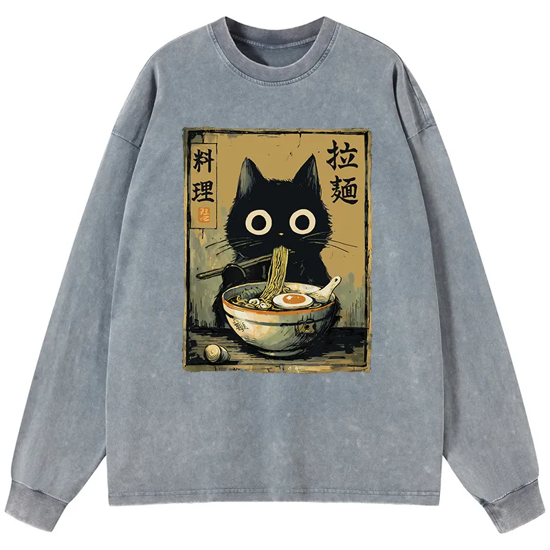 Tokyo-Tiger Cute Black Cat Eating Ramen Japan Washed Long Sleeve T-Shirt