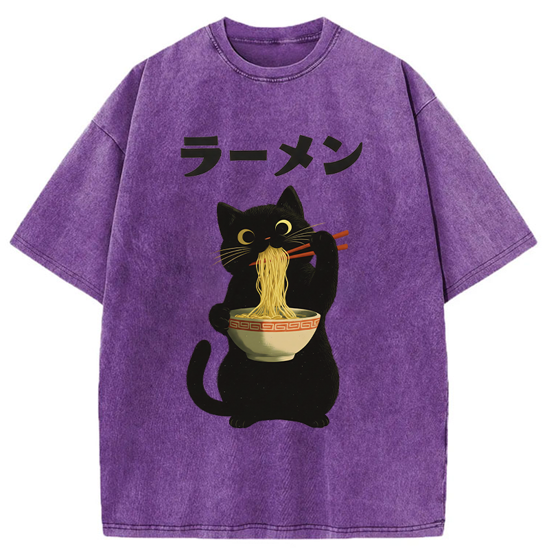 Tokyo-Tiger Black Cat Ate A Large Bowl Of Ramen Washed T-Shirt