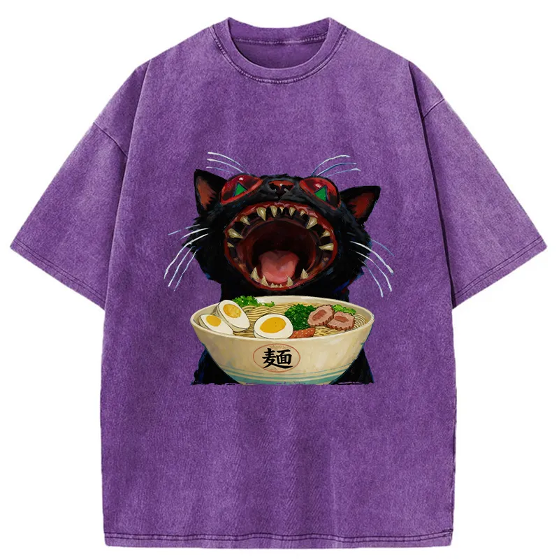 Tokyo-Tiger Black Cat Is Ready To Eat Ramen Washed T-Shirt