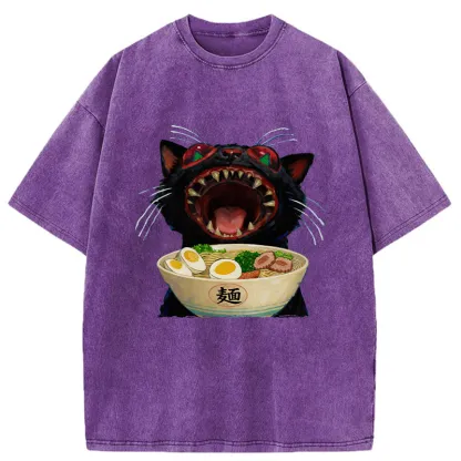 Tokyo-Tiger Black Cat Is Ready To Eat Ramen Washed T-Shirt