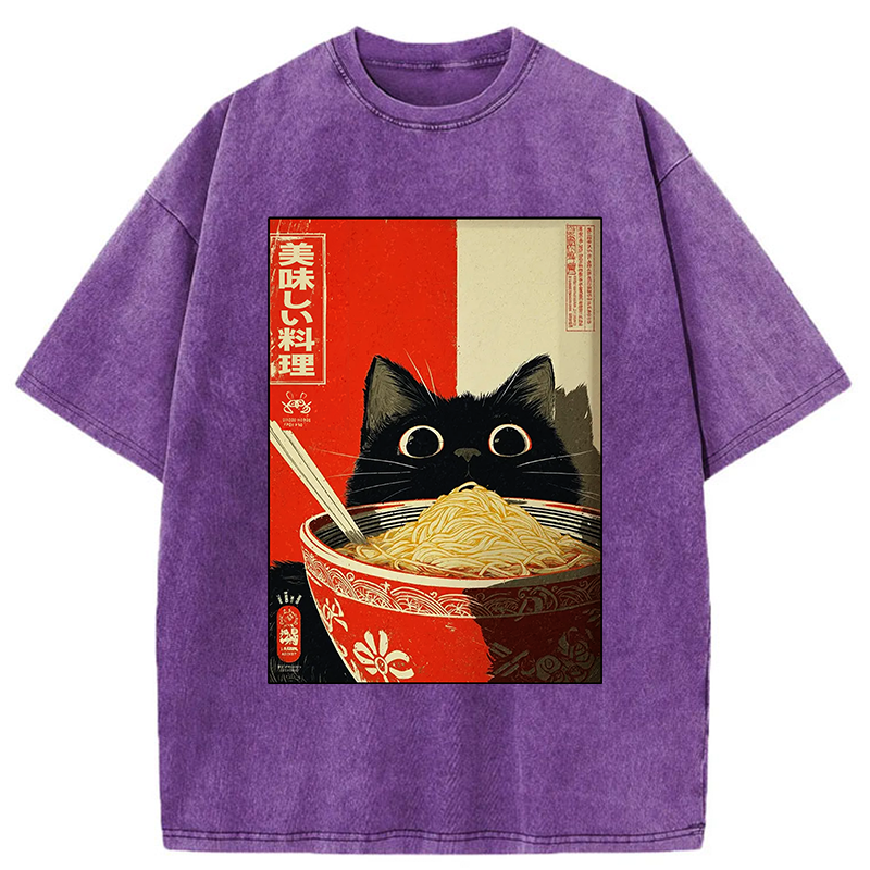 Tokyo-Tiger Cat Eats A Large Portion Of Ramen Washed T-Shirt