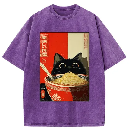 Tokyo-Tiger Cat Eats A Large Portion Of Ramen Washed T-Shirt