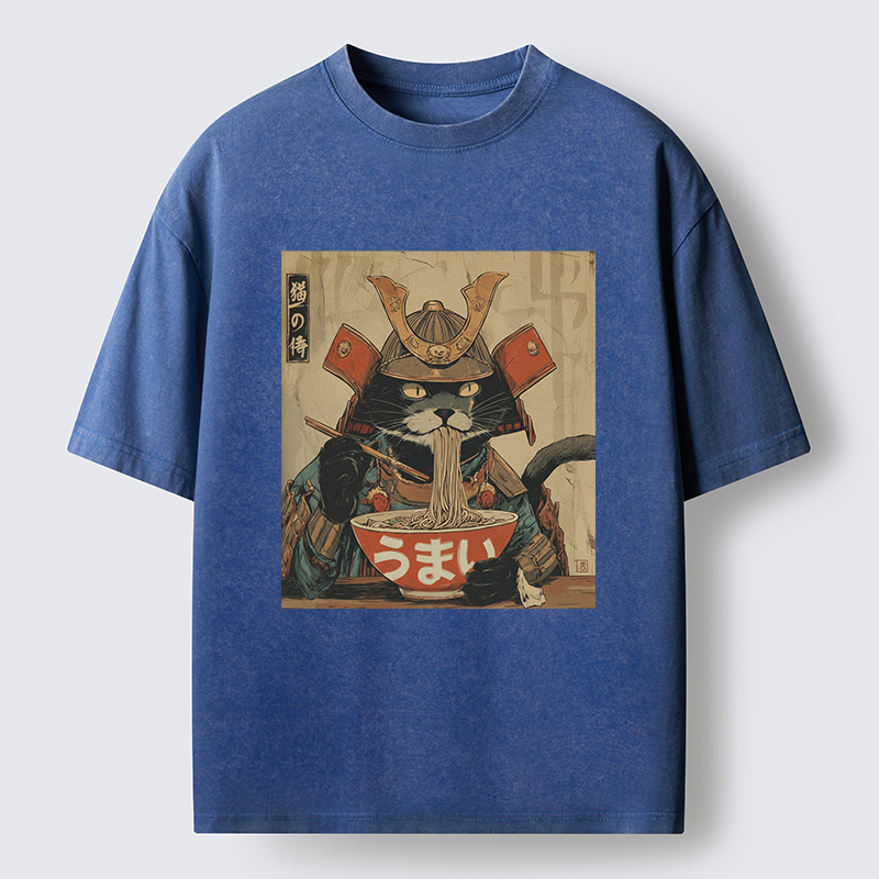 Tokyo-Tiger Cat Japanese Samurai Eating Ramen Washed T-Shirt