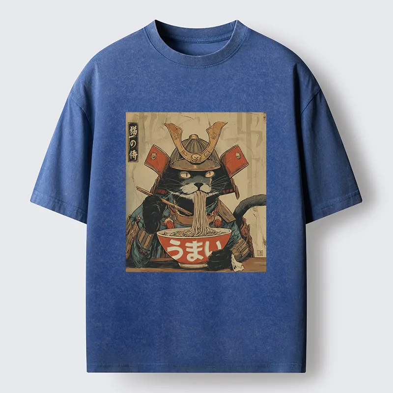 Tokyo-Tiger Cat Japanese Samurai Eating Ramen Washed T-Shirt