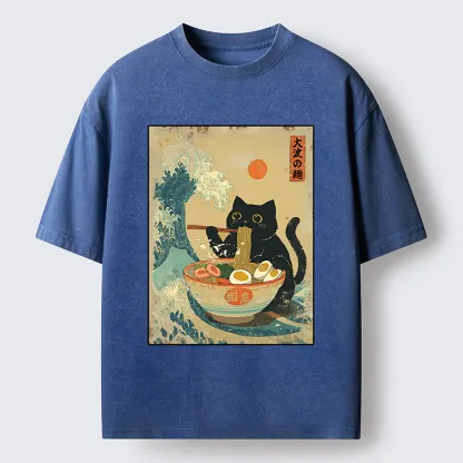 Tokyo-Tiger Cat Eats A Large Portion Of Ramen Washed T-Shirt
