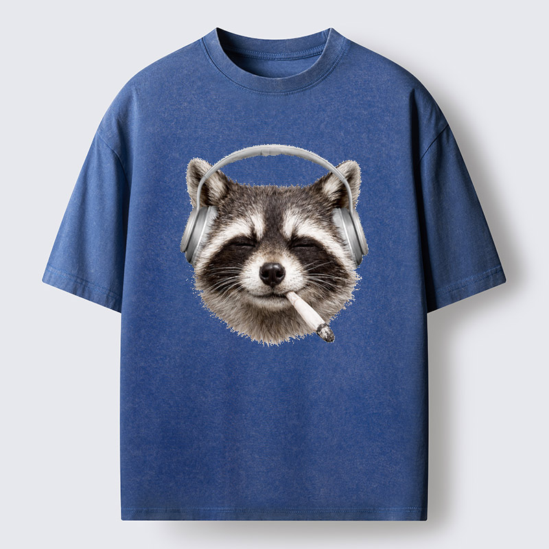 Tokyo-Tiger Raccoon Listening To Music Now Washed T-Shirt