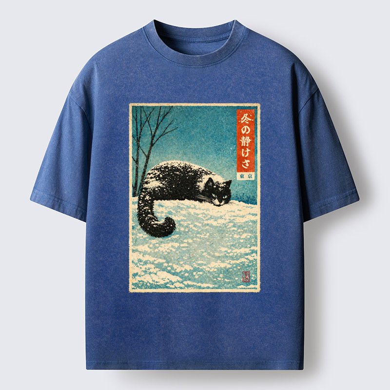 Tokyo-Tiger A Cat In Winter Silence Washed T-Shirt