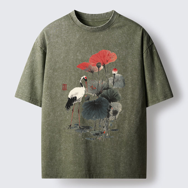 Tokyo-Tiger White Crane Among Lotus Washed T-Shirt