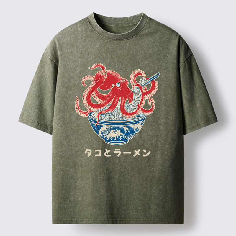 Tokyo-Tiger Octopus Eating Ramen Washed T-Shirt