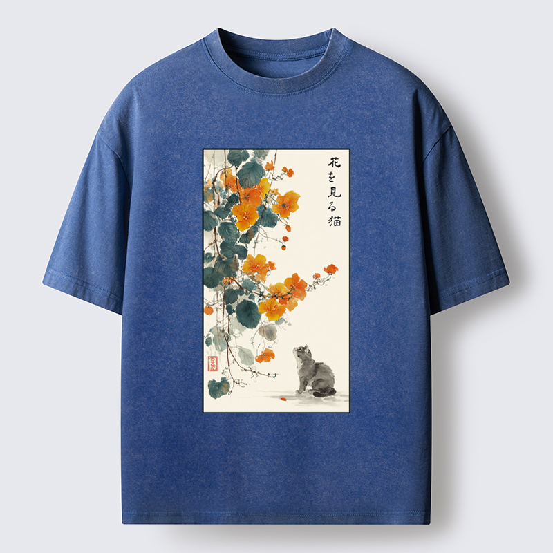 Tokyo-Tiger A Cat Watching Flowers Washed T-Shirt