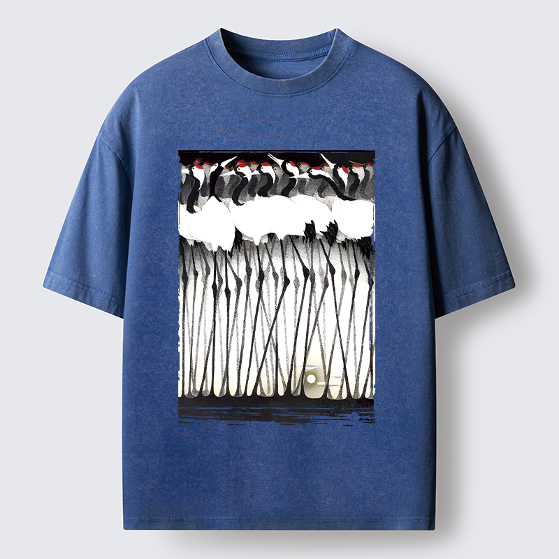 Tokyo-Tiger Crane Flock Ancient Painting Washed T-Shirt