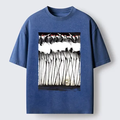 Tokyo-Tiger Crane Flock Ancient Painting Washed T-Shirt