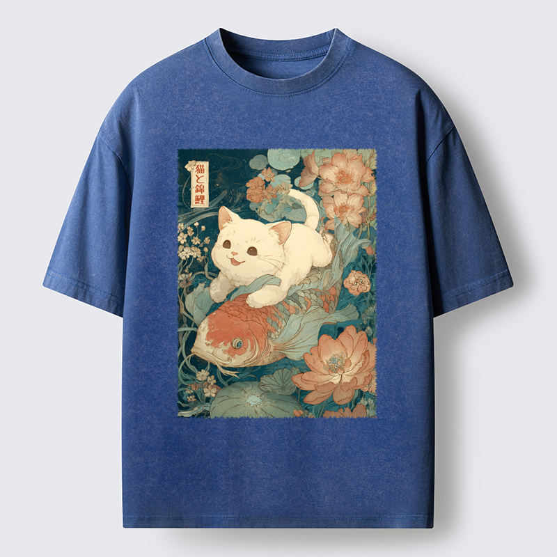 Tokyo-Tiger Cat And Koi Washed T-Shirt