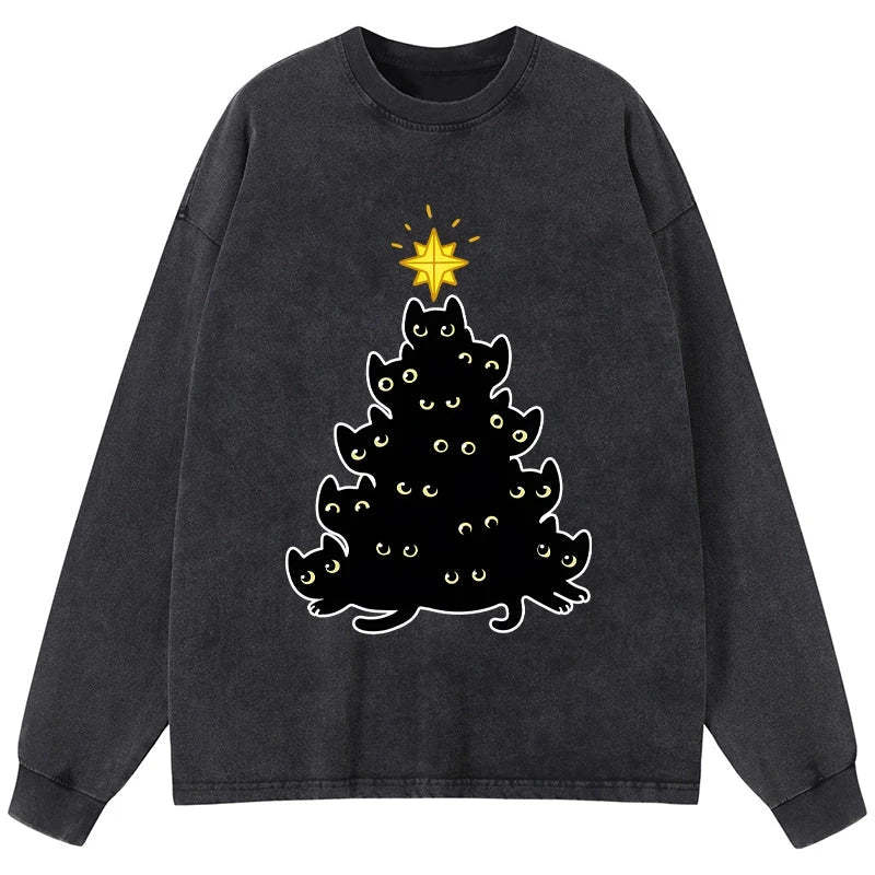 Tokyo-Tiger Black Cat Christmas Tree Washed Long Sleeve T-Shirt