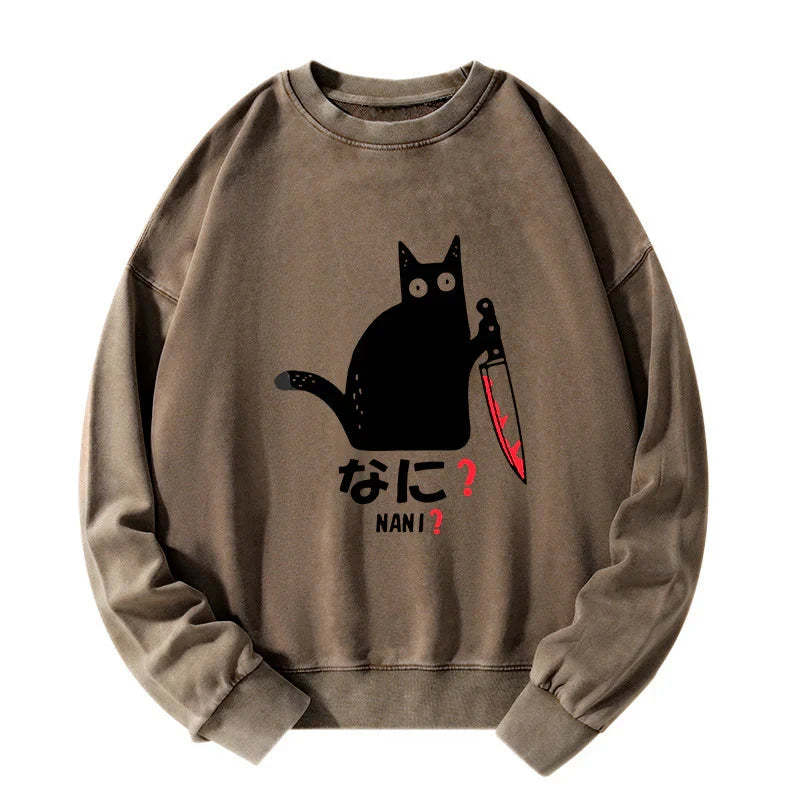 Tokyo-Tiger A Puzzled Cat Holding A Knife Washed Sweatshirt