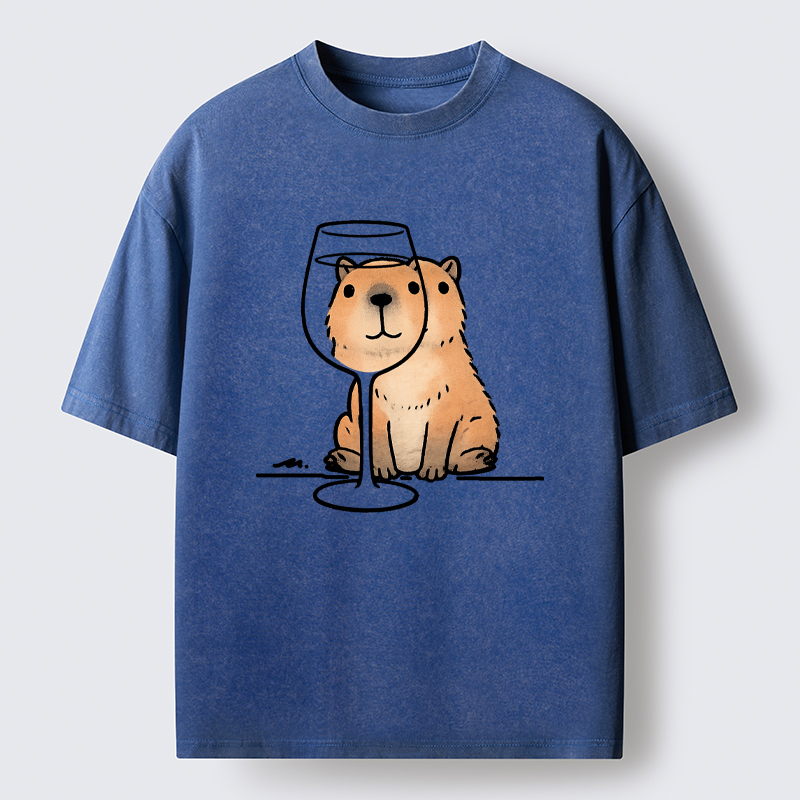 Tokyo-Tiger Capybara With A Glass Washed T-Shirt