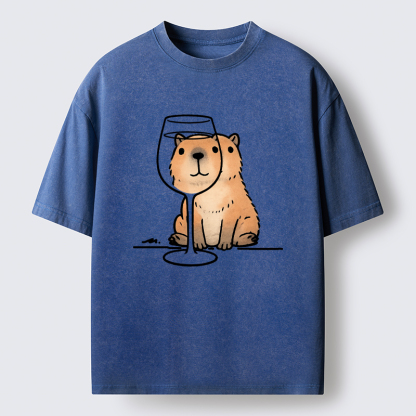 Tokyo-Tiger Capybara With A Glass Washed T-Shirt