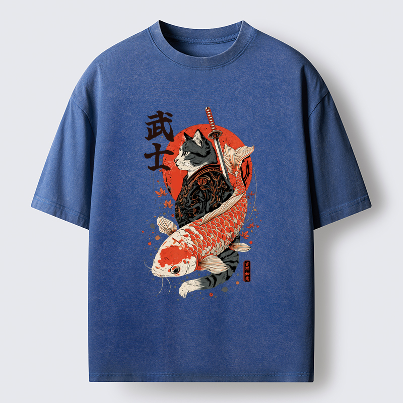 Tokyo-Tiger Samurai Cat And Koi Washed T-Shirt