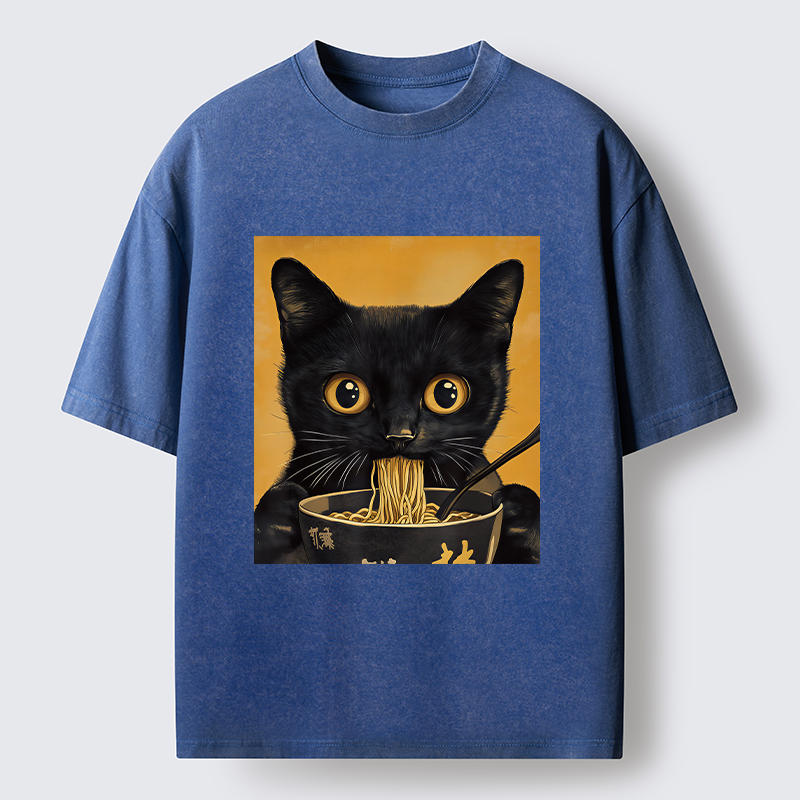 Tokyo-Tiger Cute Black Cat Eating A Big Bowl Of Ramen Washed T-Shirt