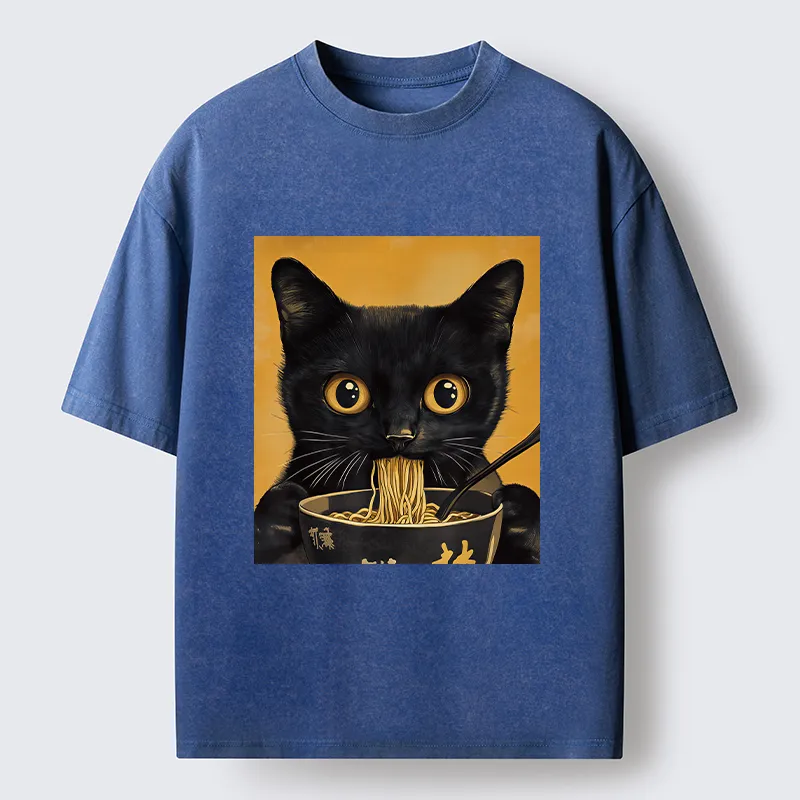 Tokyo-Tiger Cute Black Cat Eating A Big Bowl Of Ramen Washed T-Shirt