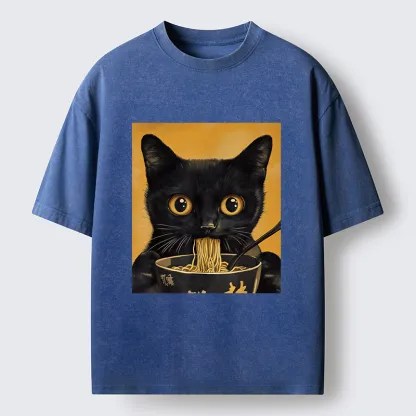 Tokyo-Tiger Cute Black Cat Eating A Big Bowl Of Ramen Washed T-Shirt