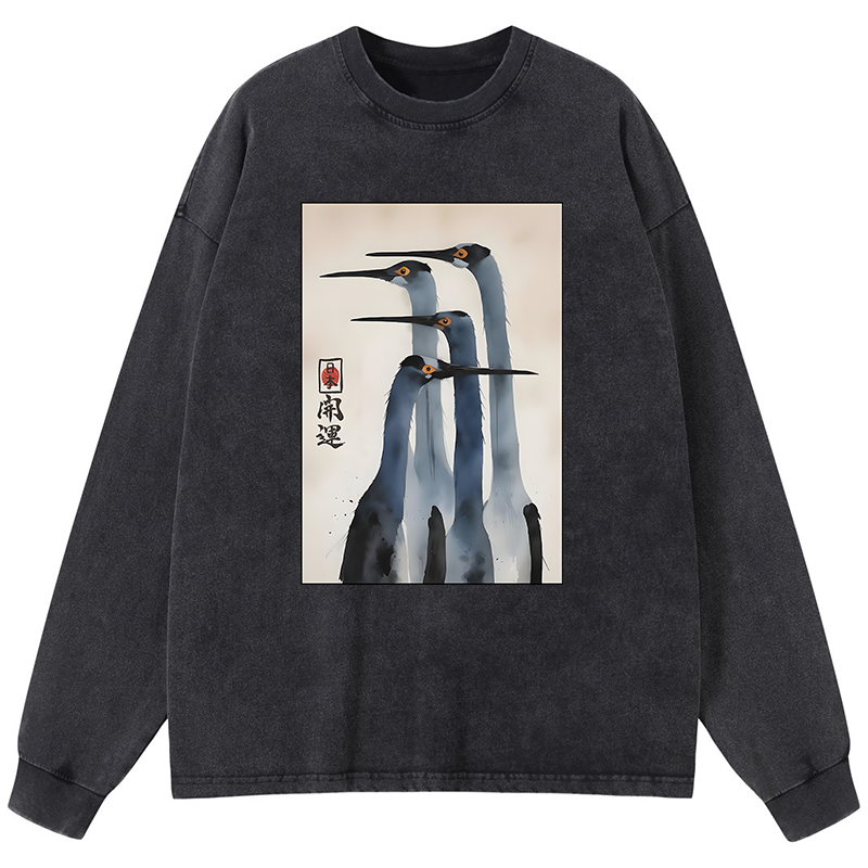 Tokyo-Tiger Retro Sandhill Crane Washed Long Sleeve T-Shirt