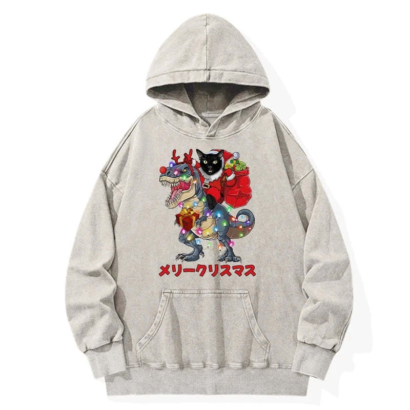 Tokyo-Tiger Cat Riding Dinosaur Christmas Washed Hoodie