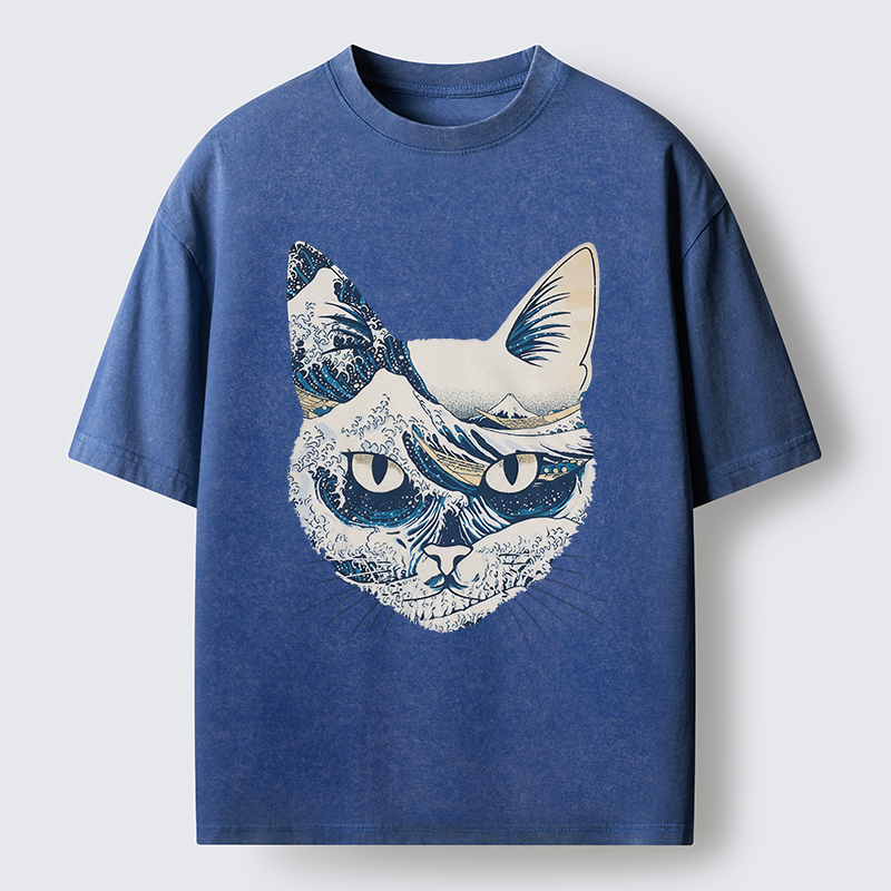 Tokyo-Tiger Ukiyo-e Waves And Cats Washed T-Shirt