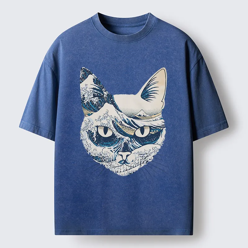 Tokyo-Tiger Ukiyo-e Waves And Cats Washed T-Shirt