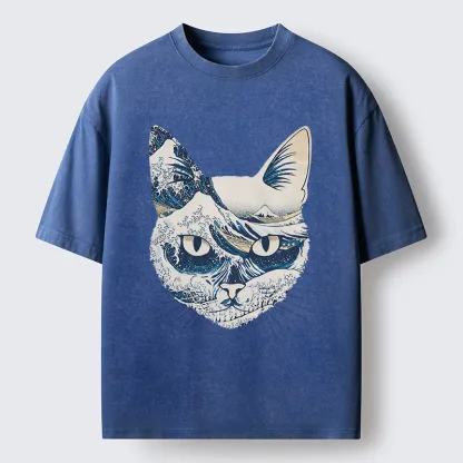 Tokyo-Tiger Ukiyo-e Waves And Cats Washed T-Shirt