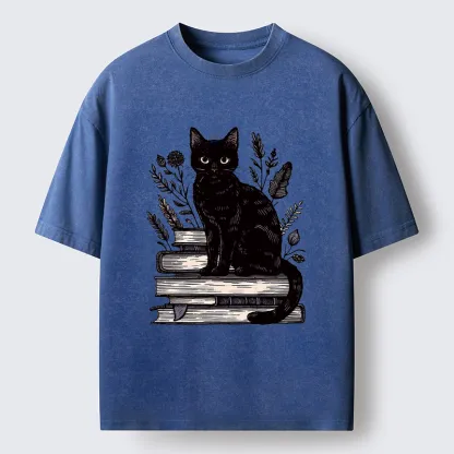 Tokyo-Tiger Books And Cats Washed T-Shirt
