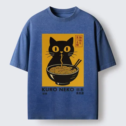 Tokyo-Tiger Cat Eating Ramen Poster Washed T-Shirt