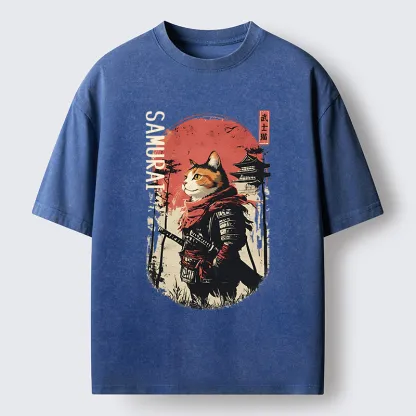 Tokyo-Tiger Lonely Cat Japanese Samurai Washed T-Shirt