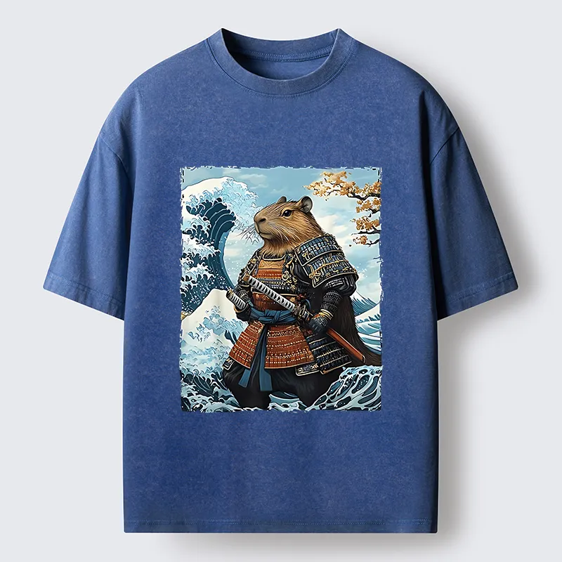 Tokyo-Tiger Capybara Japanese Samurai  And Waves Washed T-Shirt