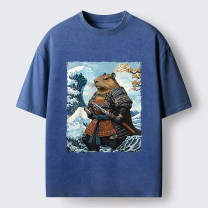 Tokyo-Tiger Capybara Japanese Samurai  And Waves Washed T-Shirt