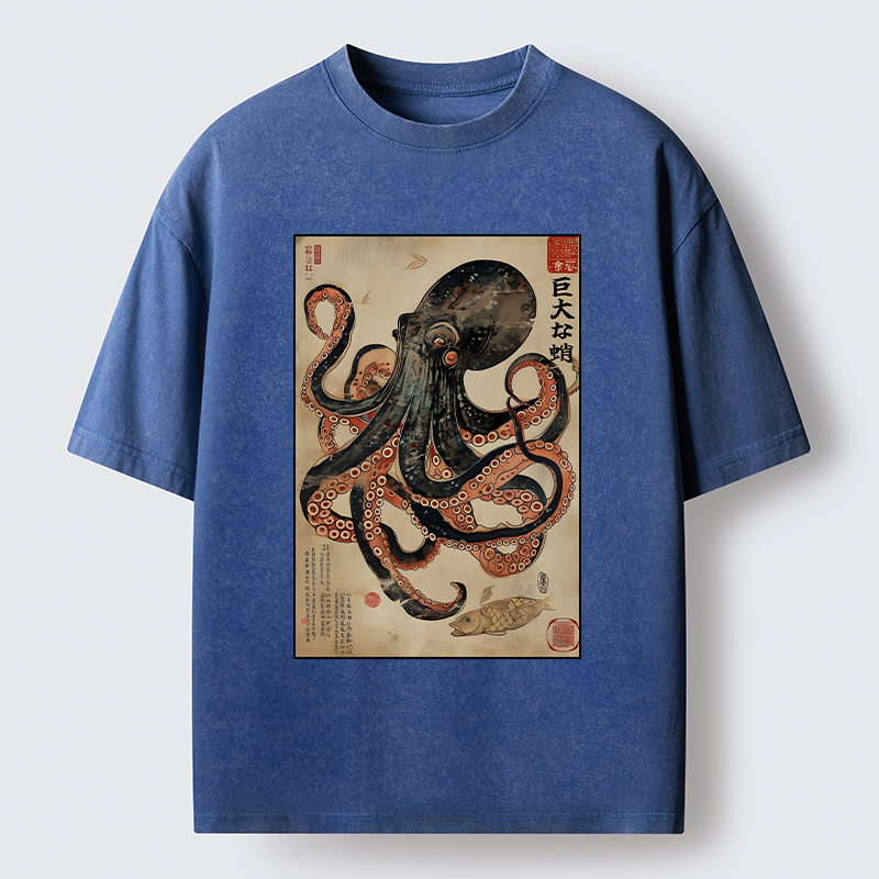 Tokyo-Tiger Retro Octopus Painting Washed T-Shirt