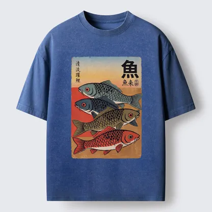 Tokyo-Tiger Retro Fish Poster Washed T-Shirt