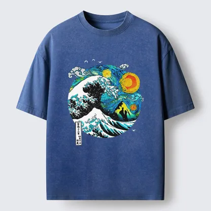 Tokyo-Tiger Oil Painting Ukiyo-e Wave Washed T-Shirt