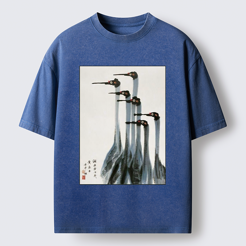 Tokyo-Tiger Retro Crane Painting Washed T-Shirt
