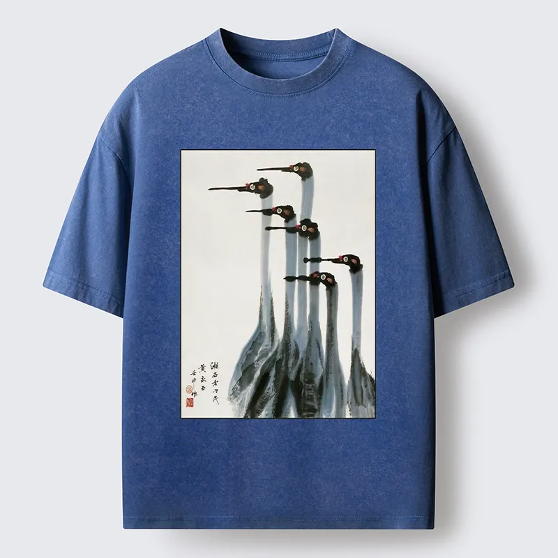 Tokyo-Tiger Retro Crane Painting Washed T-Shirt