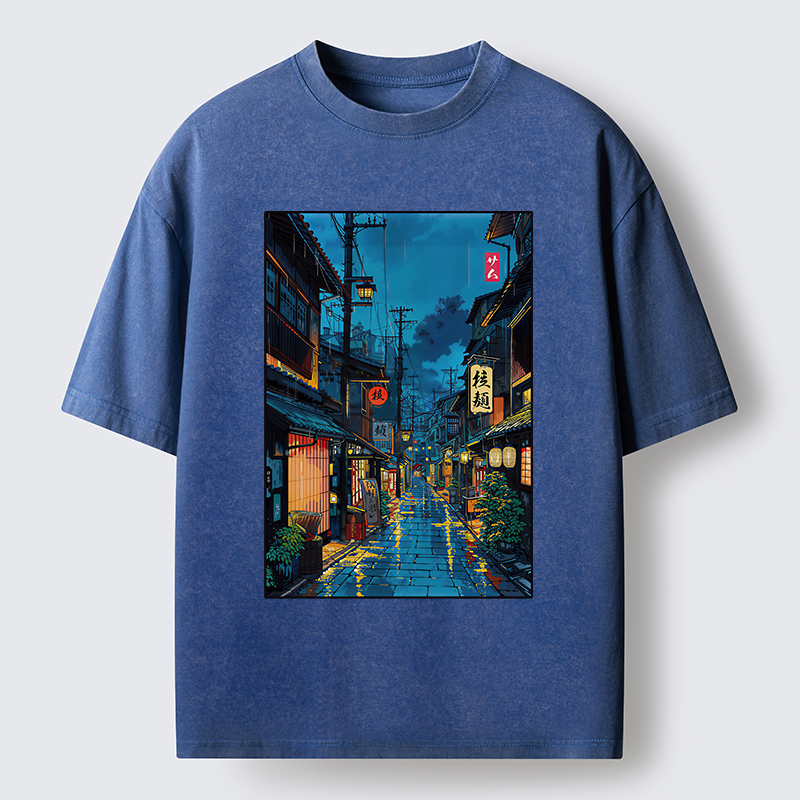 Tokyo-Tiger Japanese Teahouse Street Scene Washed T-Shirt