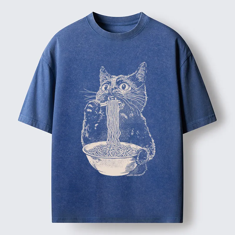 Tokyo-Tiger Black Cat Eats A Large Portion Of Ramen Washed T-Shirt