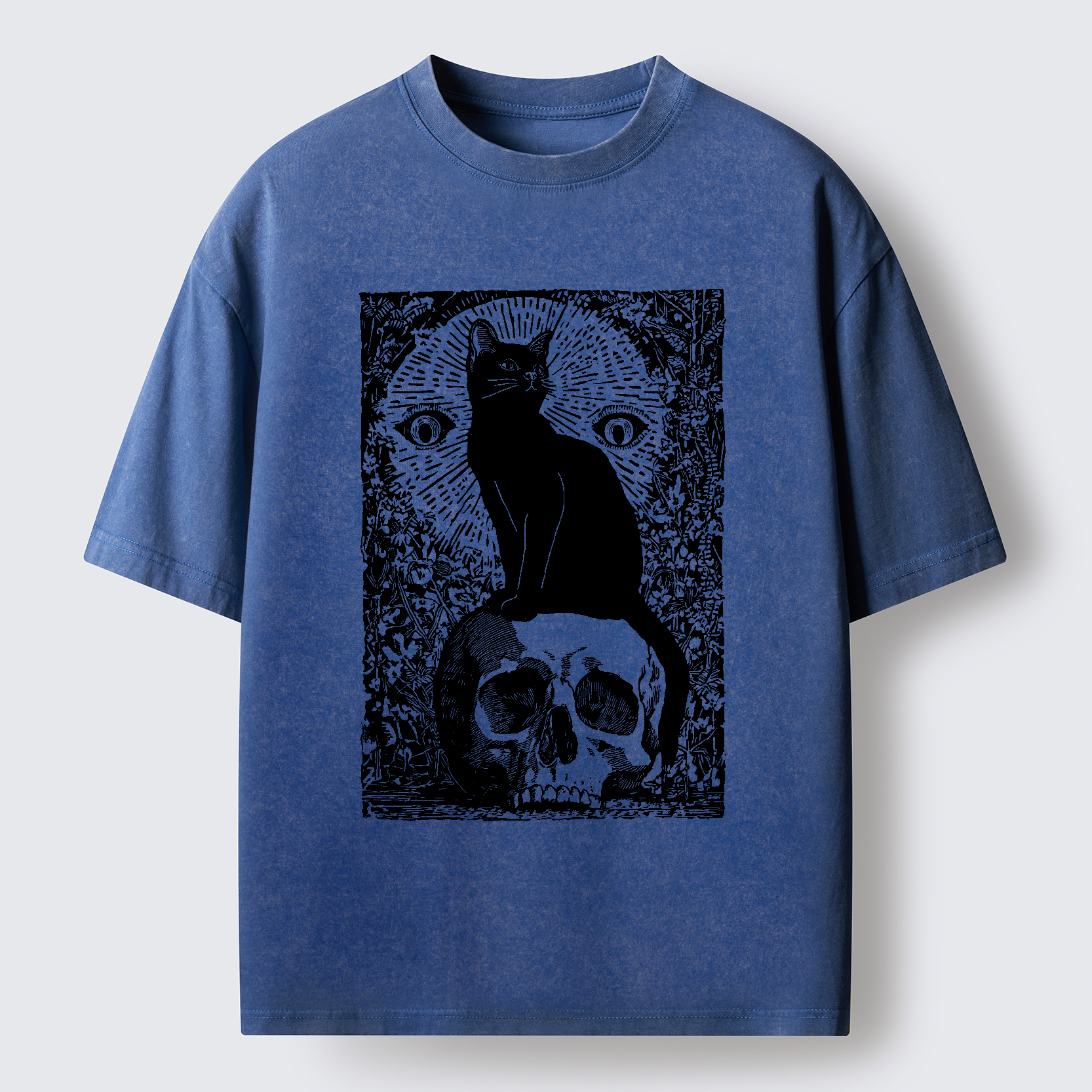 Tokyo-Tiger Black Cat Sitting On the Skull Washed T-Shirt