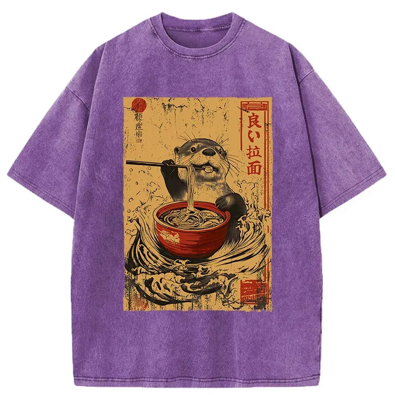 Tokyo-Tiger Otter Eating Ramen Japanese Washed T-Shirt
