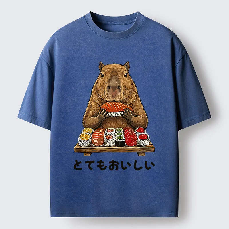 Tokyo-Tiger Capybaras Eat Sushi Washed T-Shirt