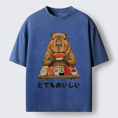 Tokyo-Tiger Capybaras Eat Sushi Washed T-Shirt