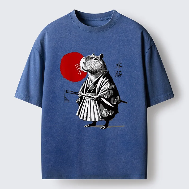 Tokyo-Tiger Capybara Samurai And Sun Washed T-Shirt