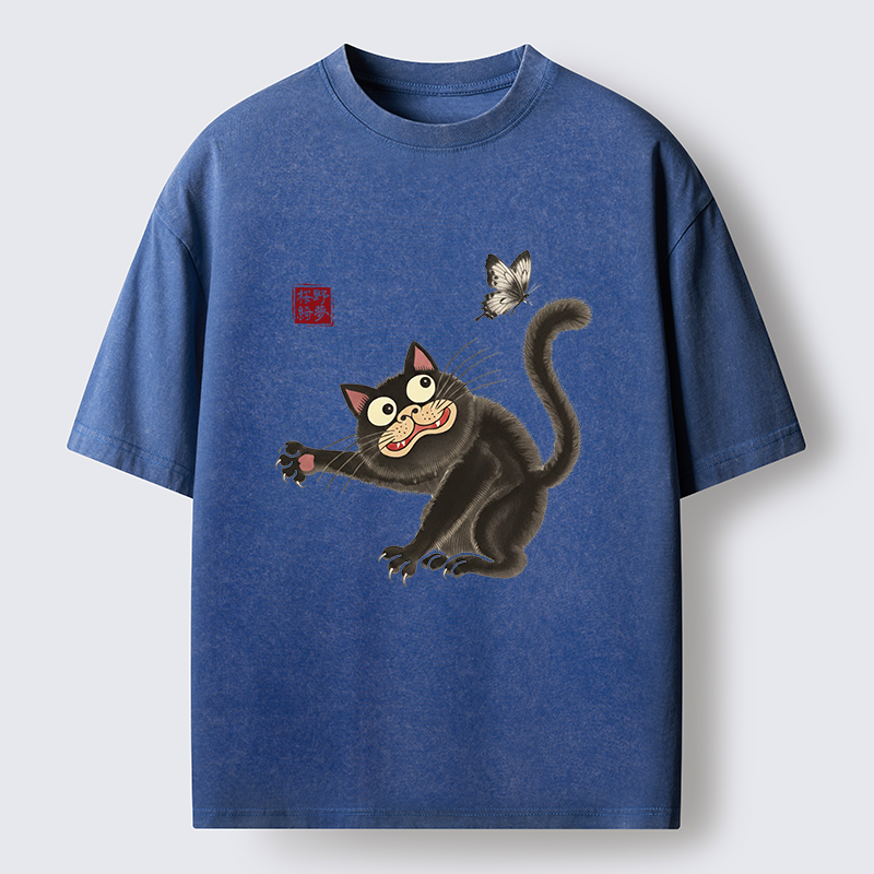 Tokyo-Tiger Cat Catching Butterflies Washed T-Shirt