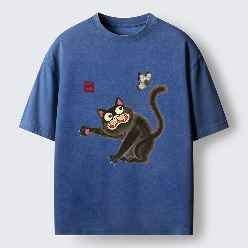 Tokyo-Tiger Cat Catching Butterflies Washed T-Shirt